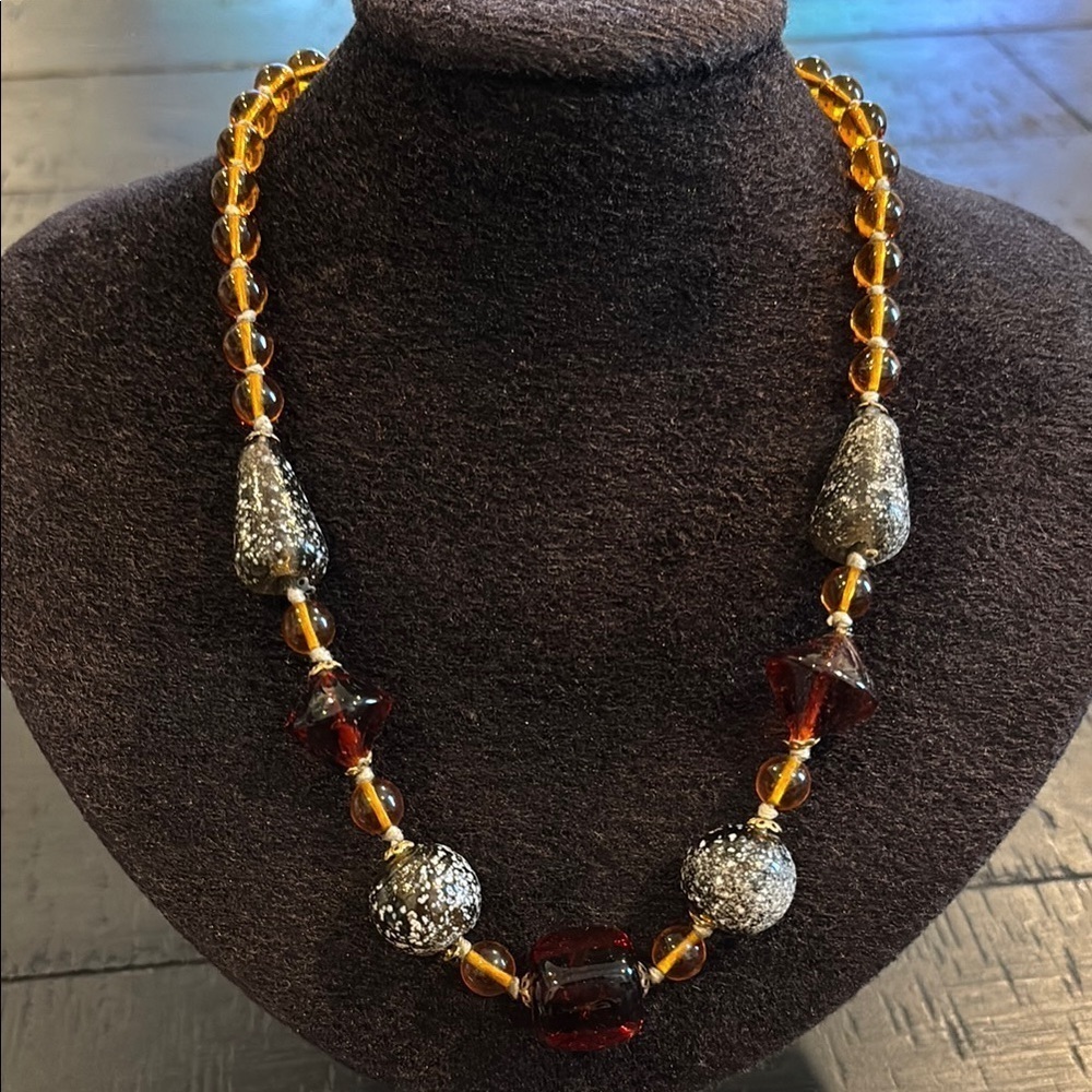 Beautiful Unique Glass Bead Amber Stone and Silver Beaded Necklace Brownโ